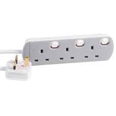 NEW DataPro 3 Way Gang Individually Switched UK Mains Extension Lead White 1m